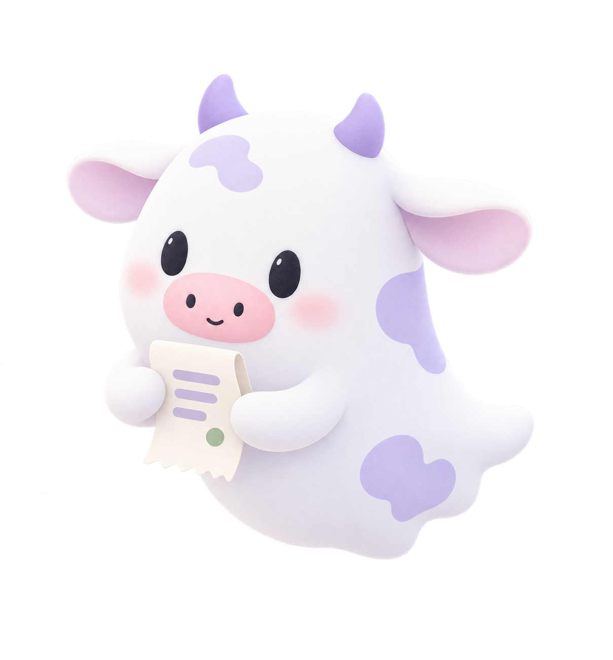 Helpful ghost cow holding an abstract receipt.