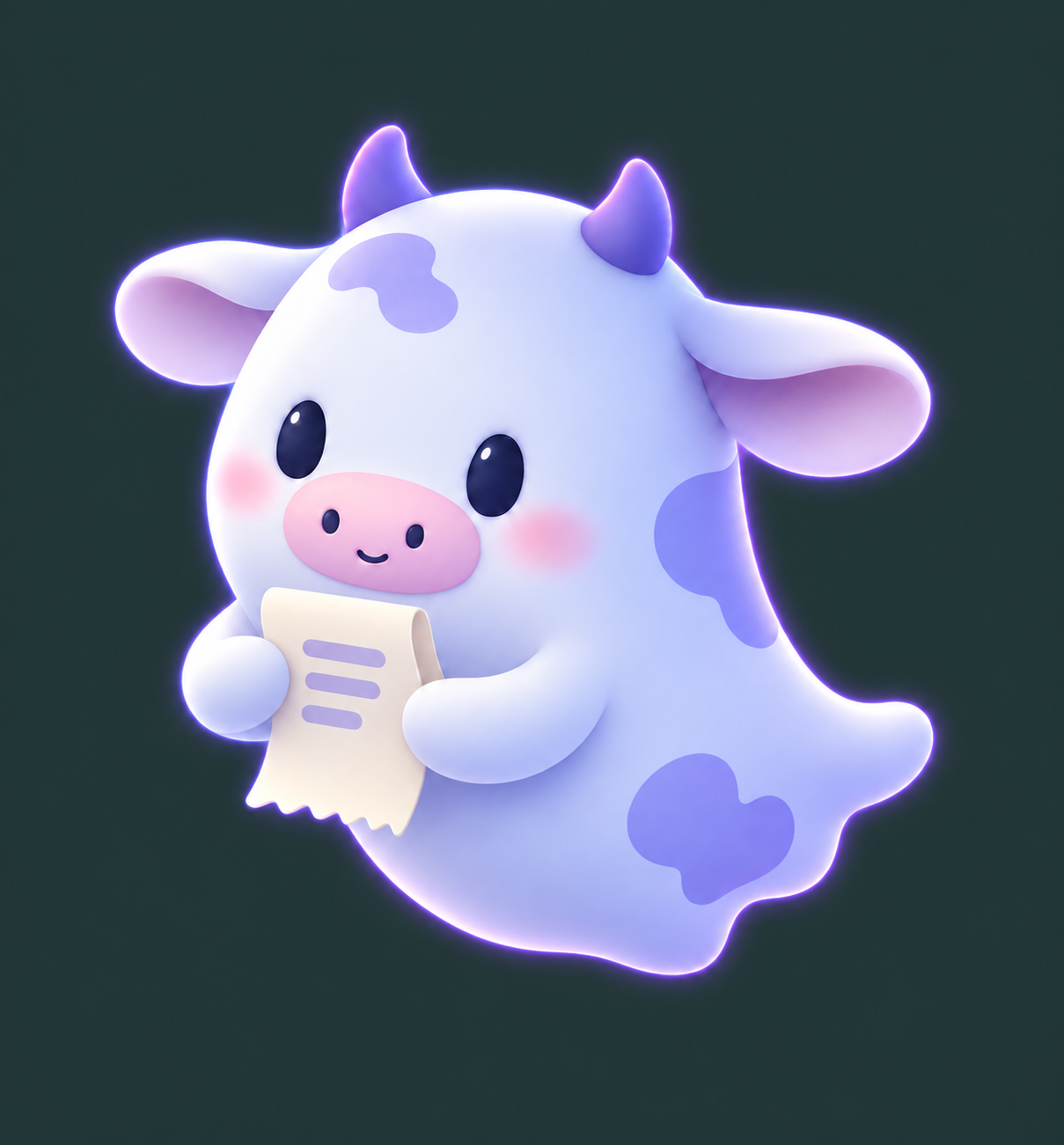Generated moonlit guide cow holding a small unlettered paper.