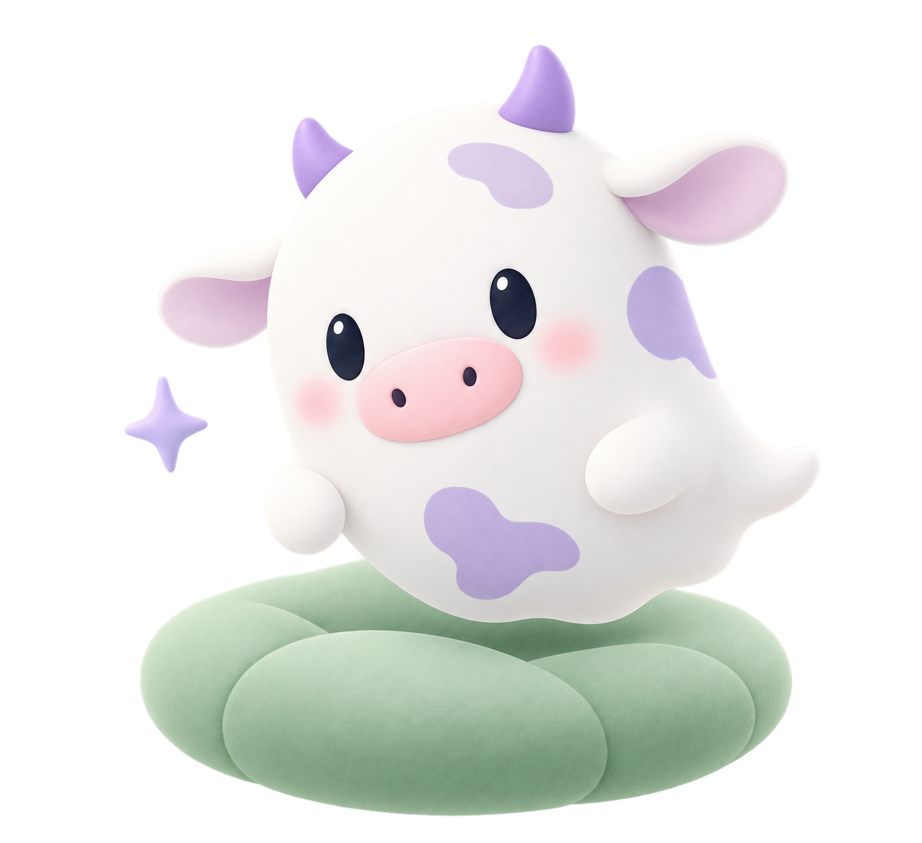 White ghost cow with lilac spots floating over a sage cushion.