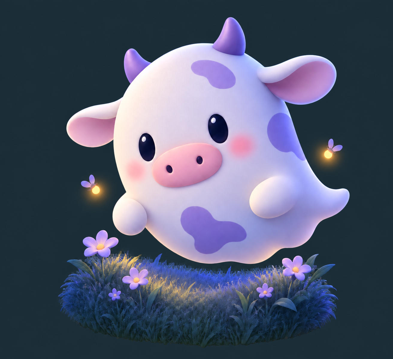 Generated night ghost cow floating over lilac meadow flowers with two fireflies.