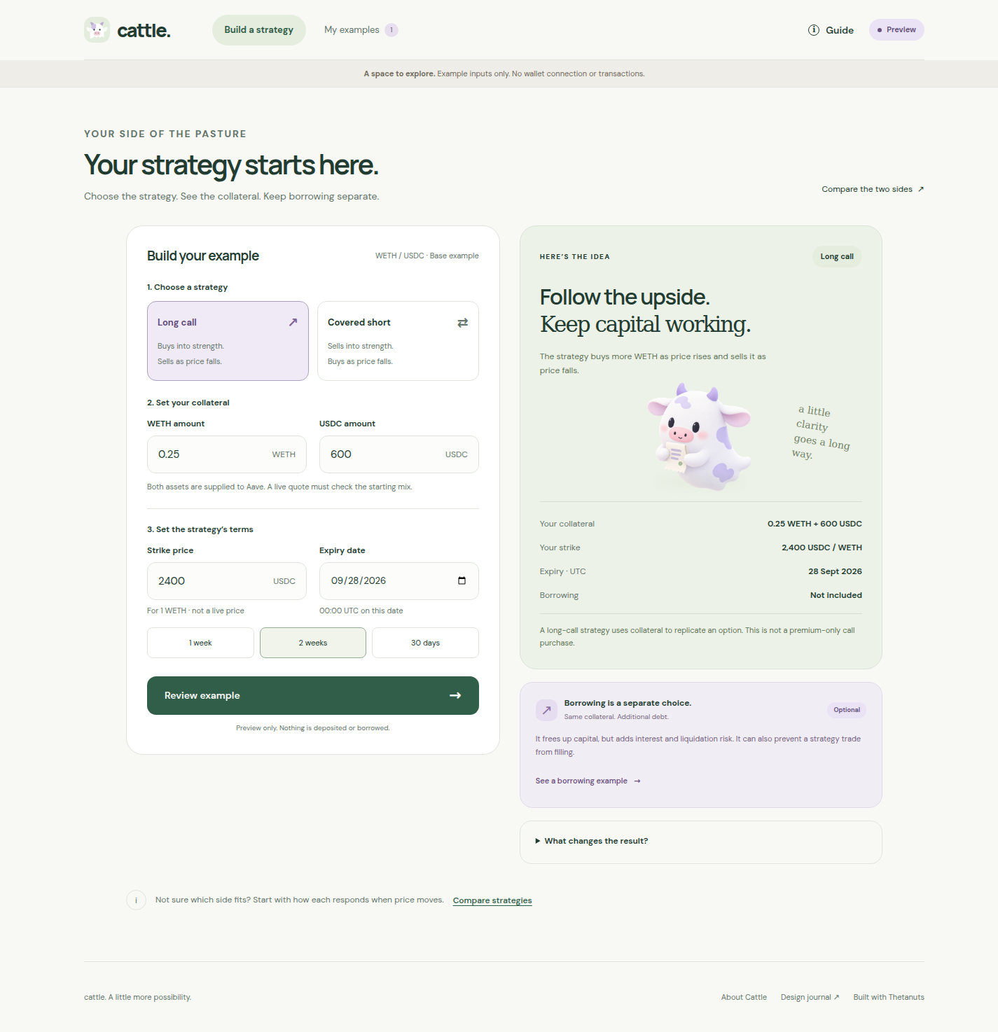 Refined desktop builder with two strategy choices, dual collateral and separate borrowing explanation.