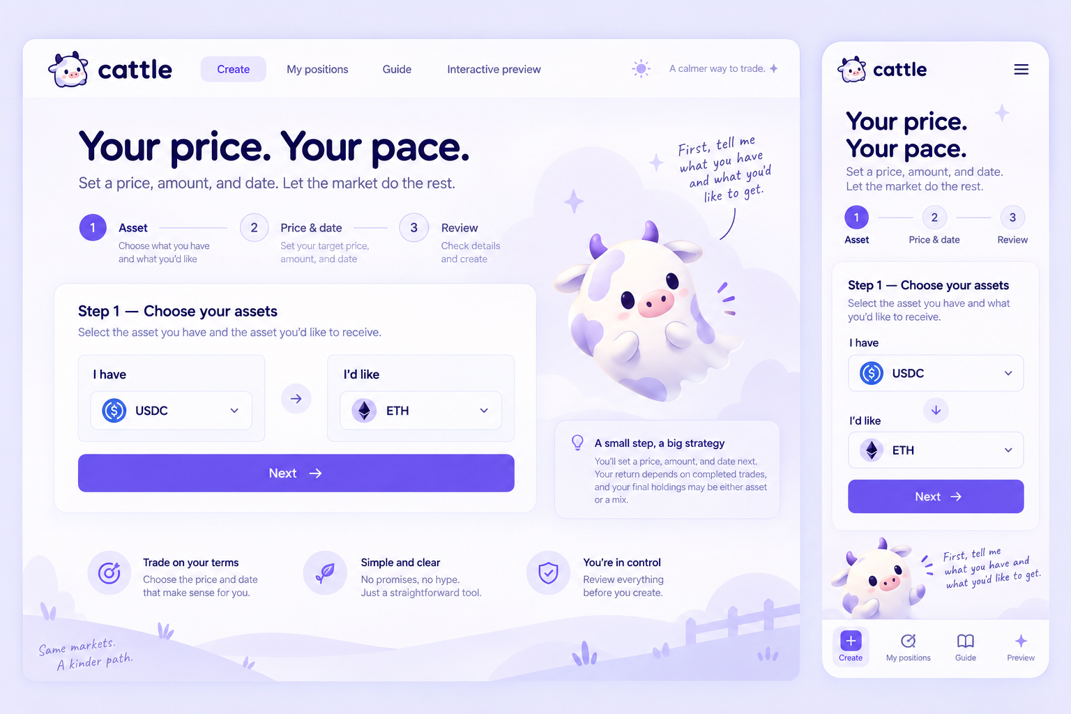 Superseded concept A: a lavender guided asset, price and date wizard with a ghost cow.