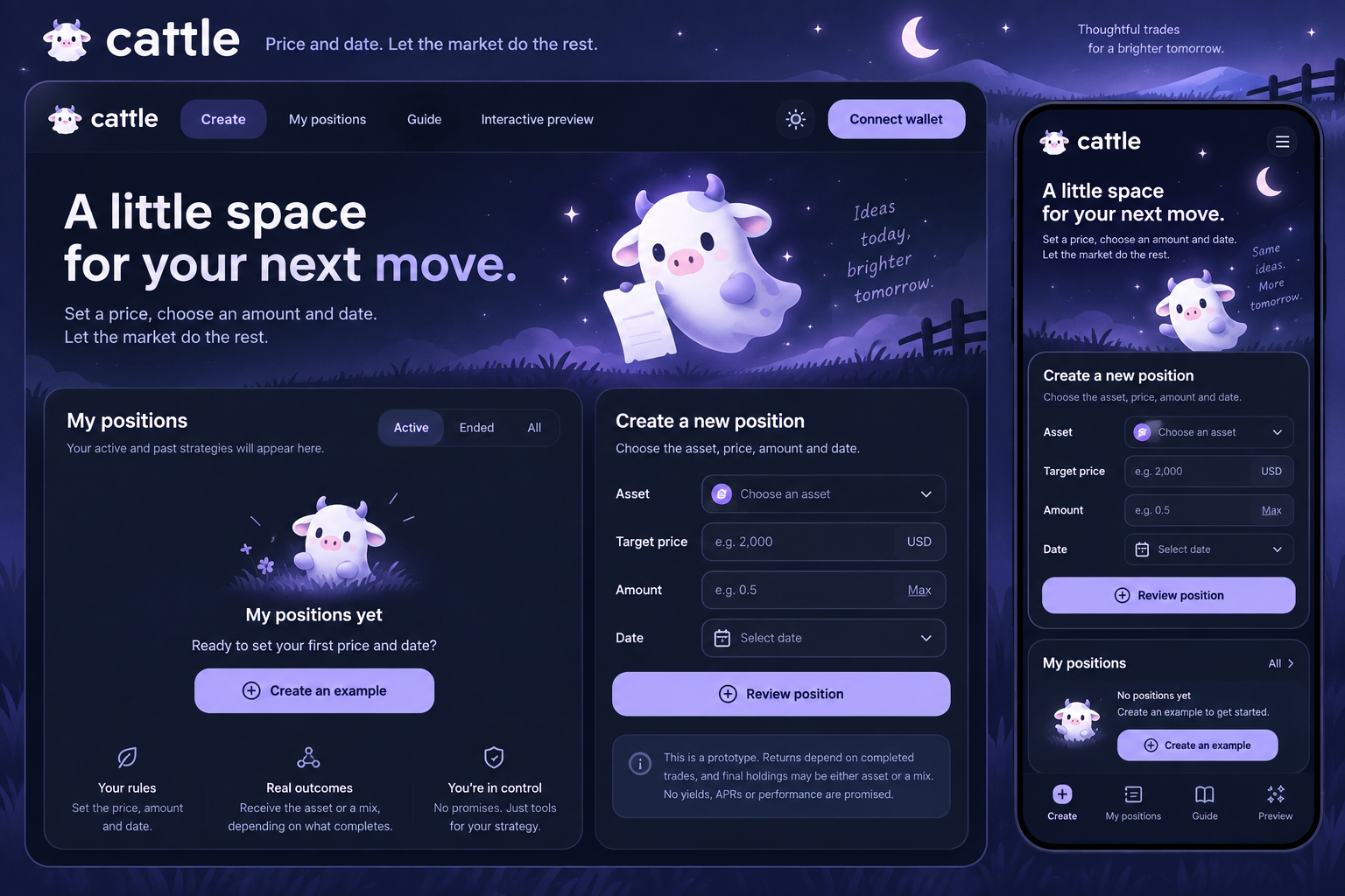 Superseded concept C: a dark moonlit positions workspace with a separate creation form.
