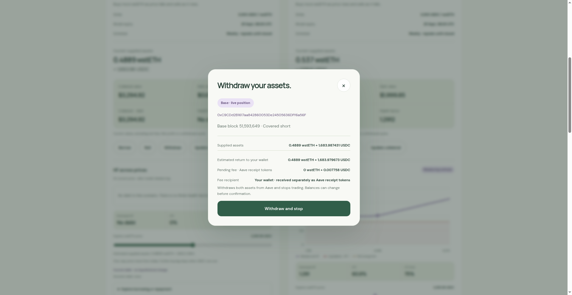 Withdrawal review separating underlying assets returned from the pending fee paid as Aave receipt tokens.