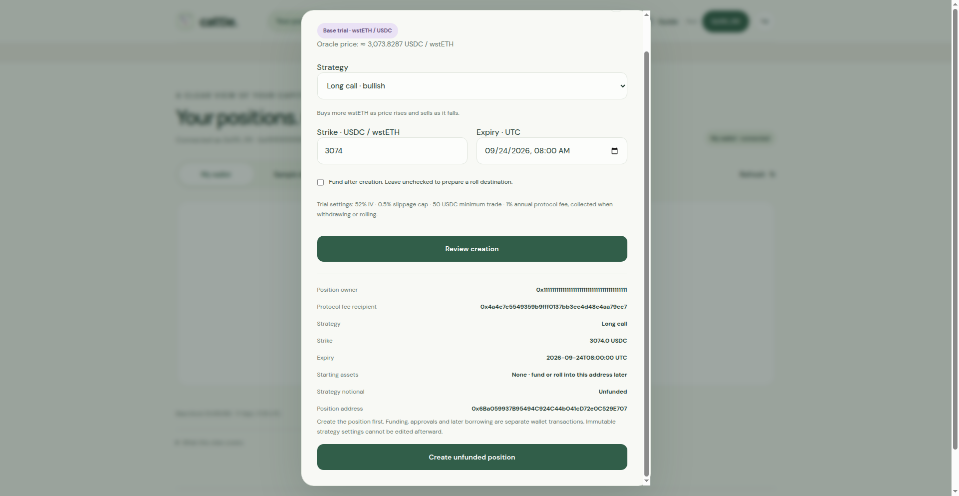 Creation review showing the user wallet as position owner and a separate protocol fee recipient.