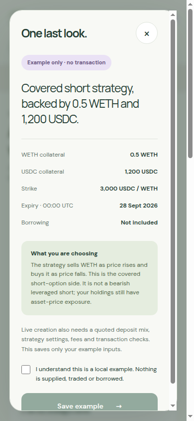 Actual covered-short review with 0.5 WETH, 1200 USDC and a 3000 USDC per WETH strike.