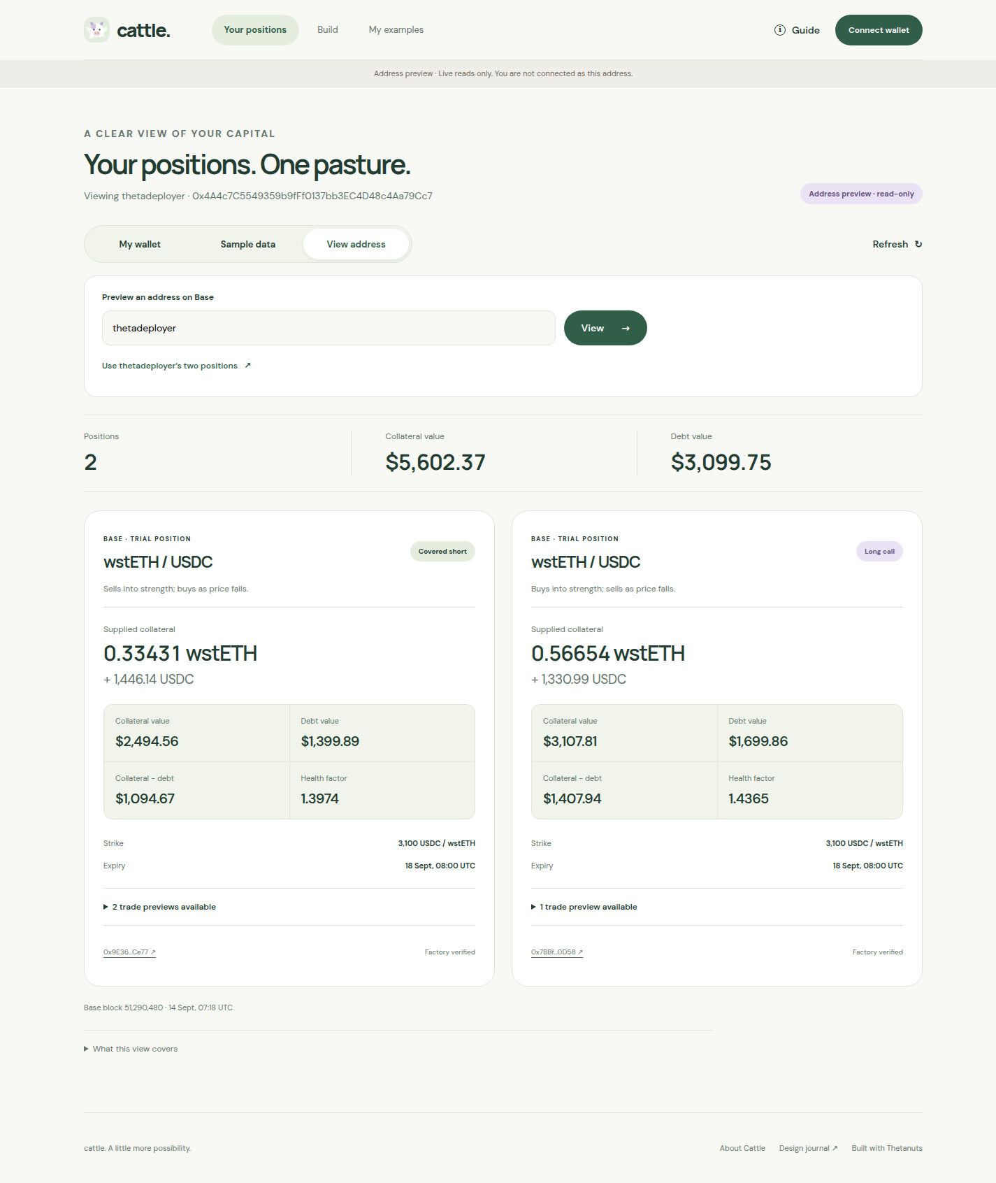 Actual Cattle address preview with thetadeployer’s verified short and long positions on Base.