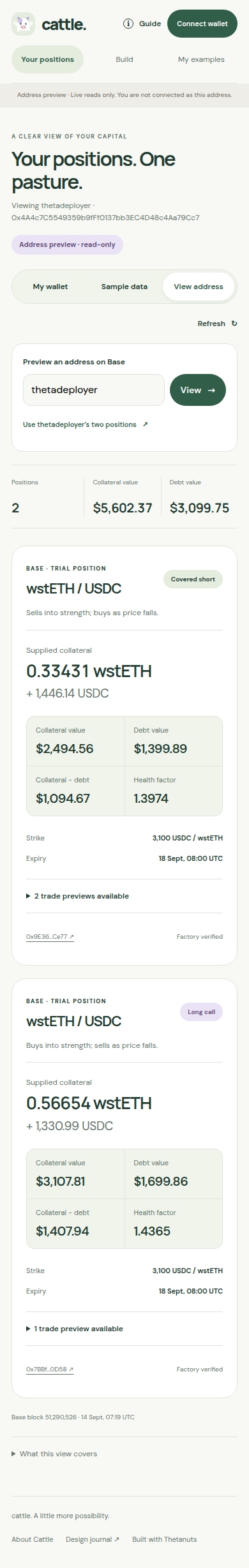 Actual phone view of Cattle’s live account values and distinct read-only address identity.