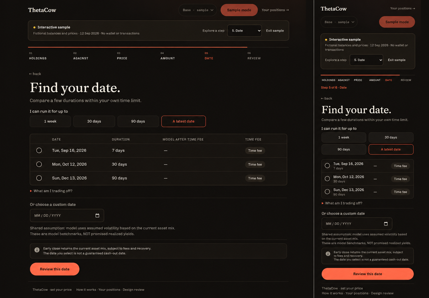 Generated guided-date proposal with chronological rows