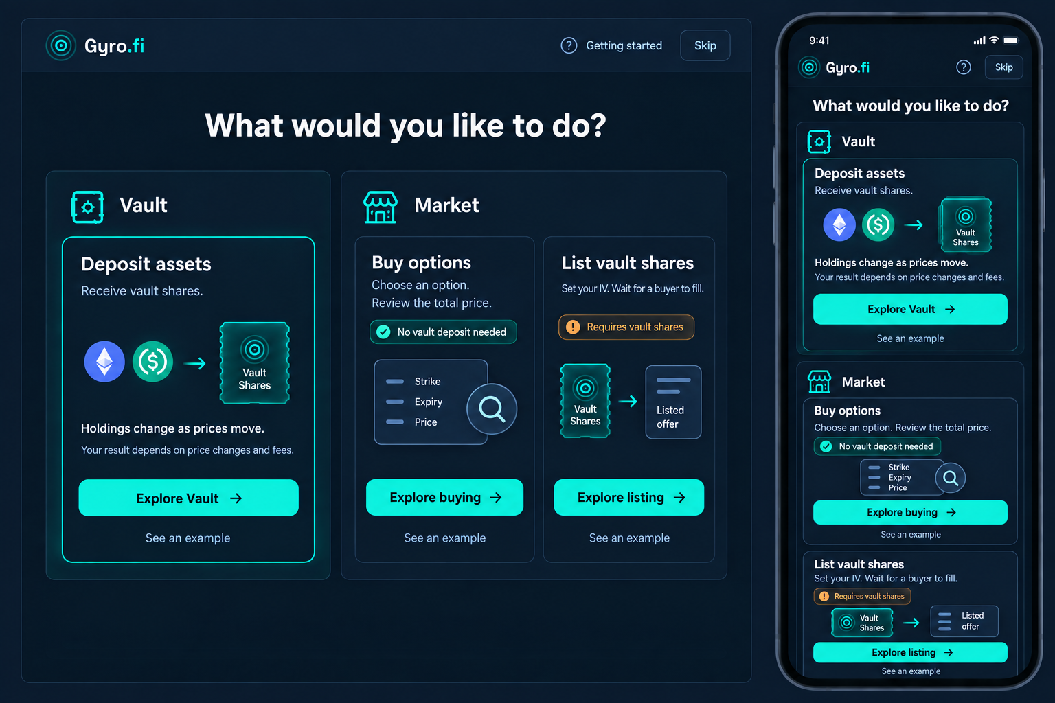 Refined onboarding concept: Vault receives assets and gives vault shares; Market buyers need no vault deposit; sellers require shares. Both desktop and phone retain these distinctions.