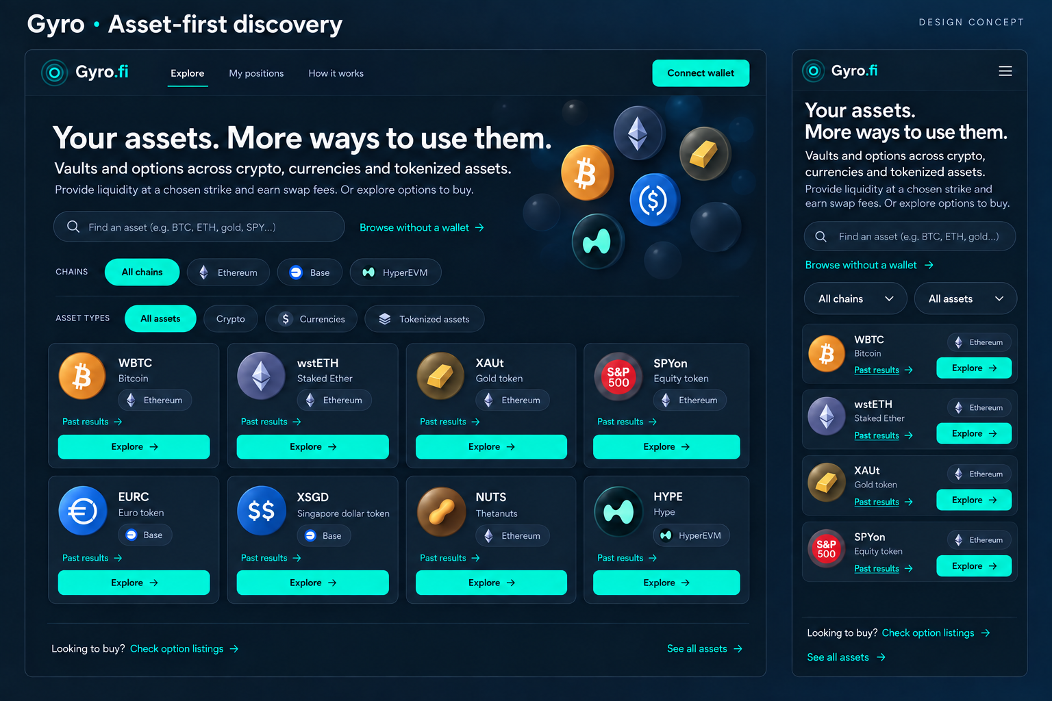 Gyro asset-first discovery proposal in navy and teal, with chain filters, multiple asset categories and a phone layout.